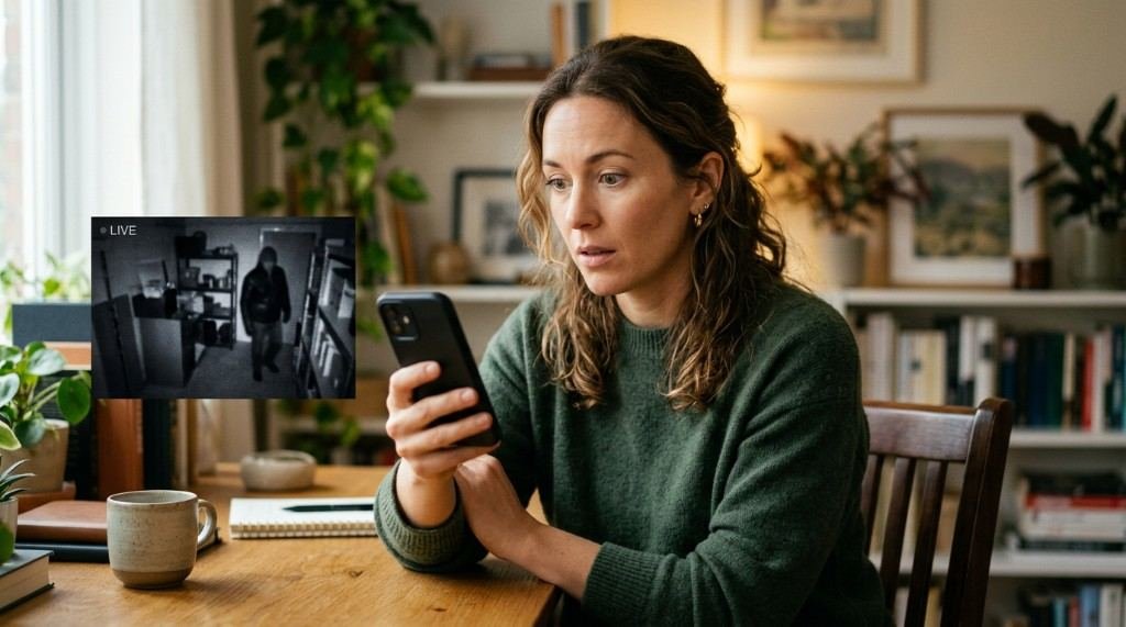 Frau sieht Einbrecher live auf dem Smartphone-Monitor